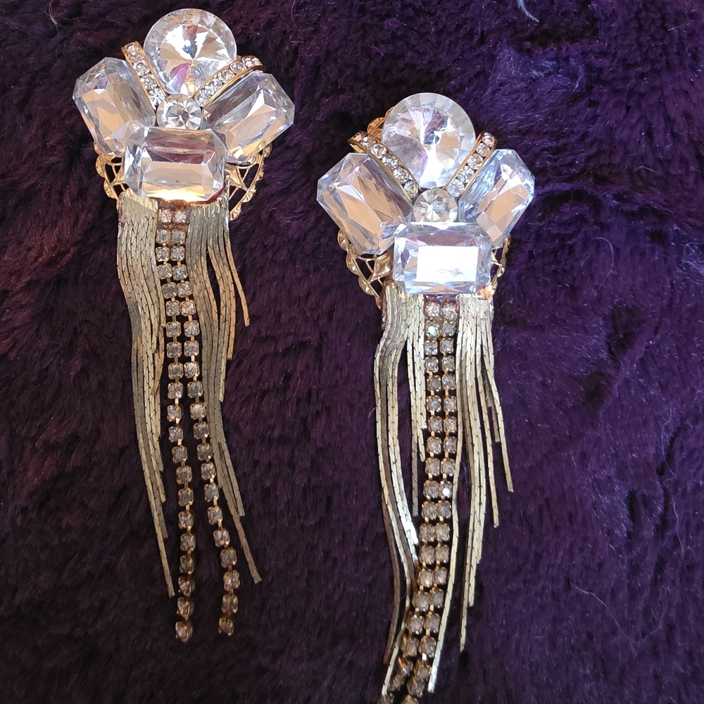 Glamorous Sparkling Crystal and Gold Tassel Earrings